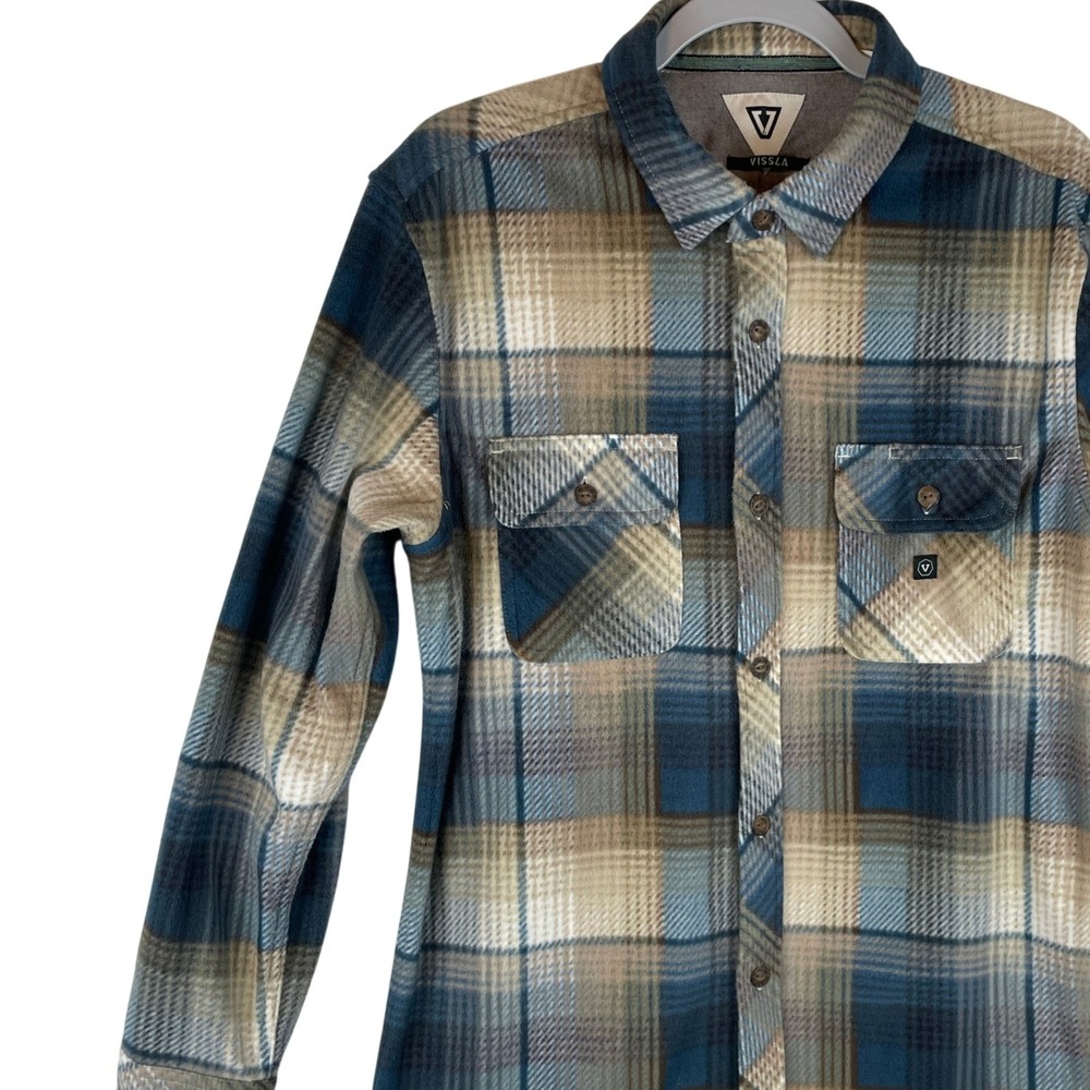 Vissla Mens Eco-Polar Fleece‎ Button Down Shirt Blue Tan Plaid Medium M5114ECO